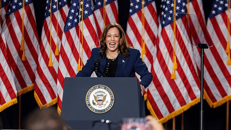 US Vice President and Democratic Presidential candidate Kamala Harris speaks at West Allis Central High School during her first campaign rally in Milwaukee, Wisconsin, on 23 July, 2024